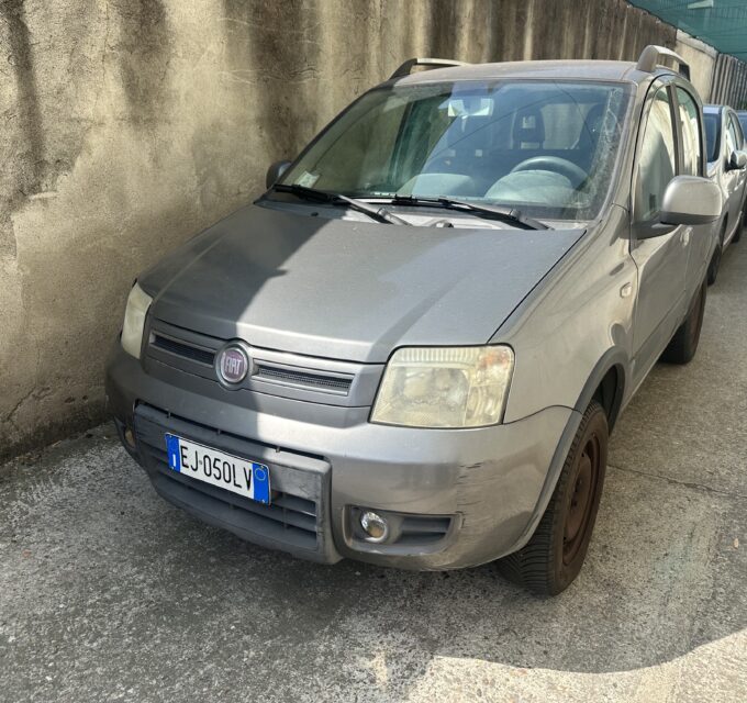 Silver Fiat van in the foreground parked along a concrete wall, with a line of cars behind under a green canopy.