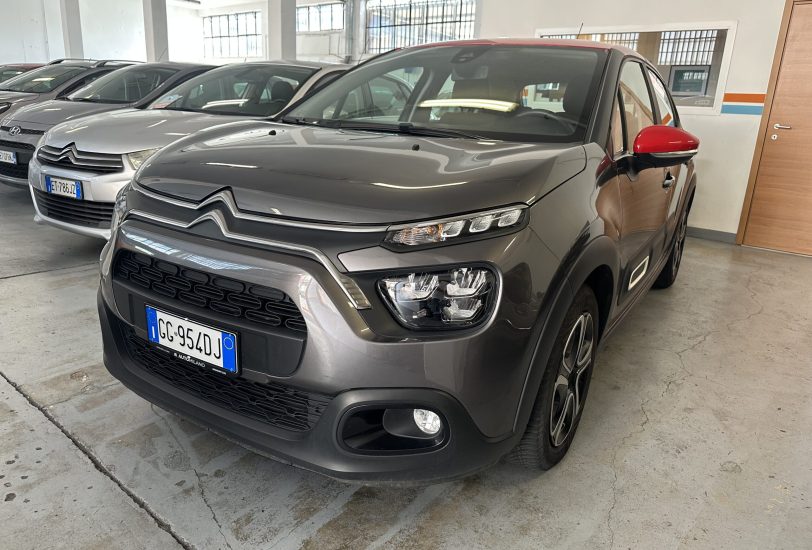 Grey Citroën SUV in a car showroom with red side mirror and other cars lined up in the background.